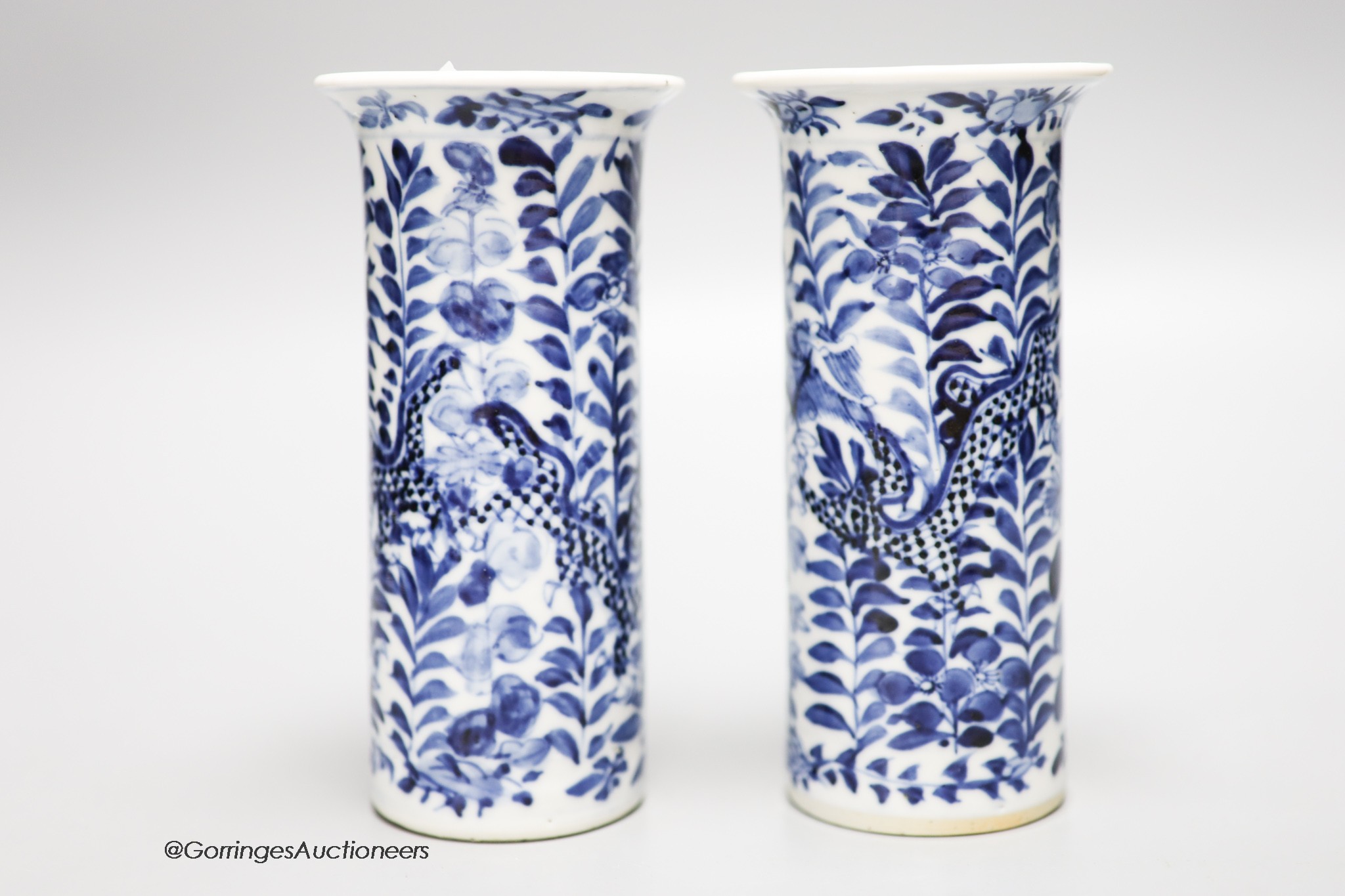 A pair of Chinese blue and white sleeve vases, circa 1900, height 15.5cm
